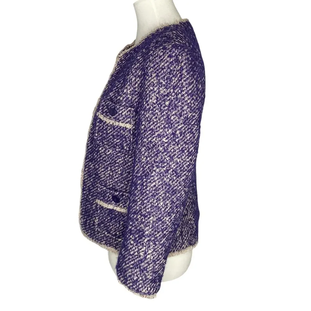 Talbots Boucle Tweed Blazer Blue Fringe Trim Open Jacket Size 8P Jackie O Preppy